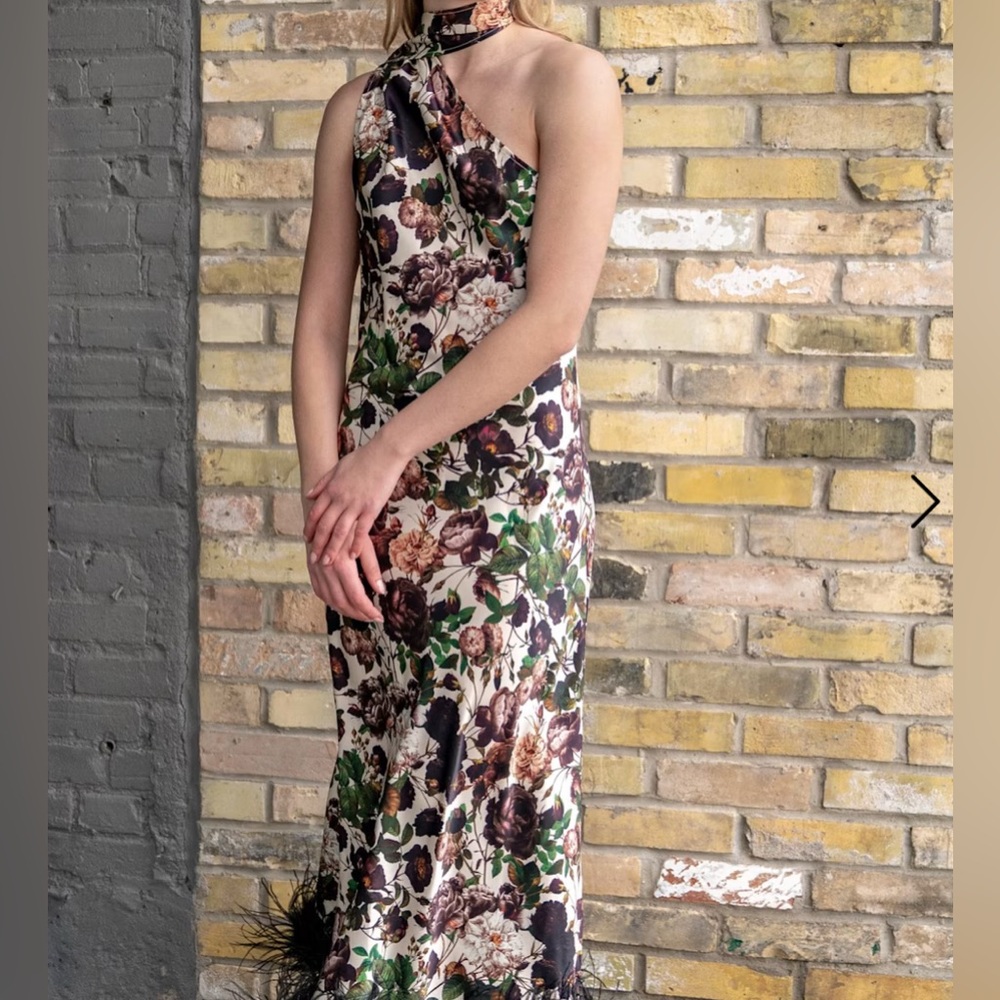 Liya Asymmetric Silky Maxi Dress With Faux Feather - Picture 2 of 2